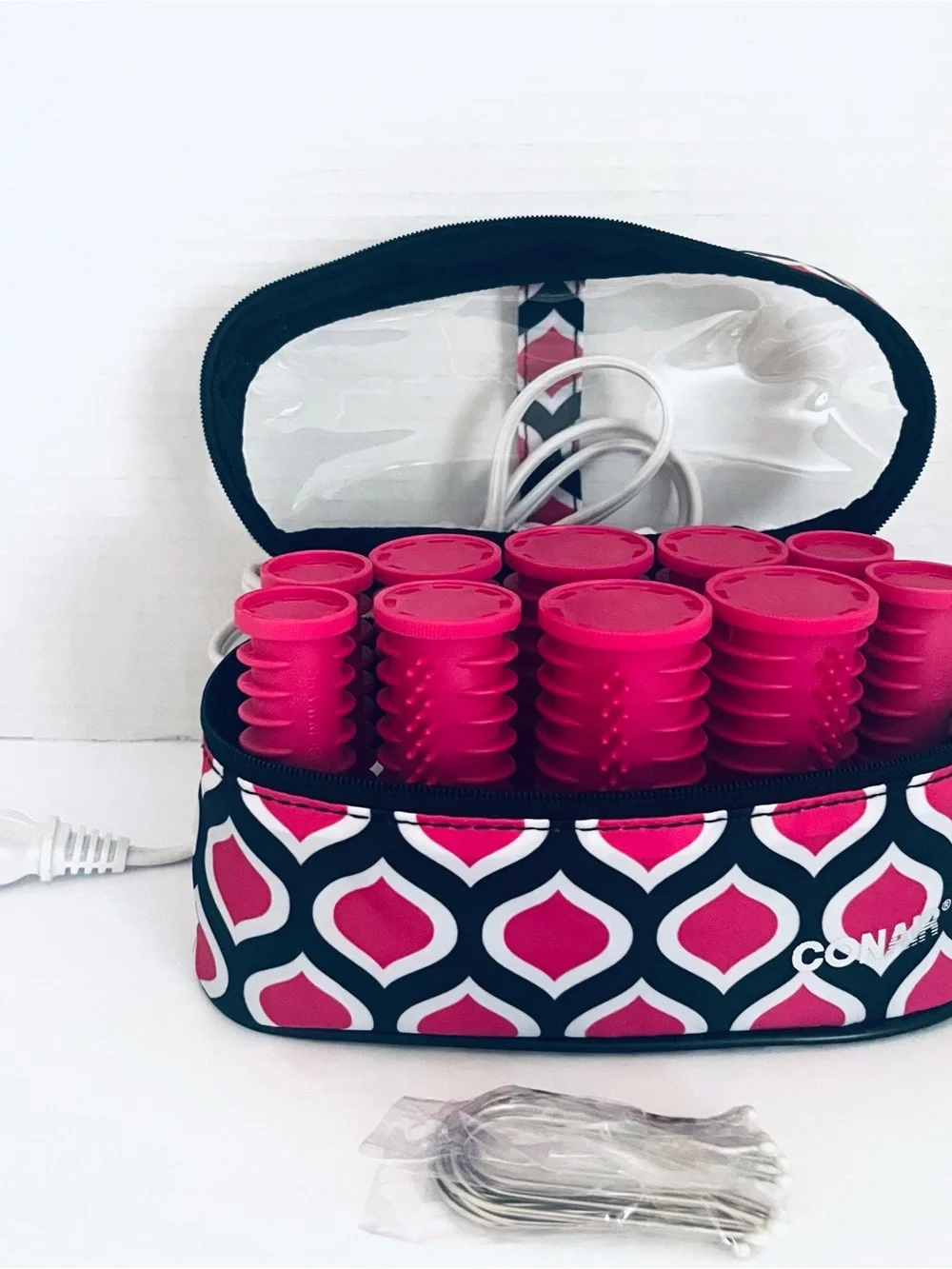 Conair Pink & Navy Patterned Heated Travel Rollerset Case & Clips